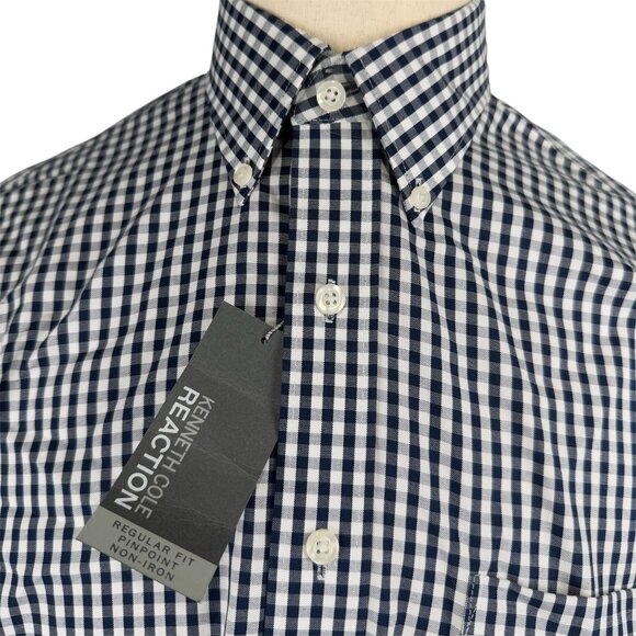 Kenneth Cole Reaction Mens Button-Up Black & White Checkered Non-Iron Shirt M - Picture 2 of 12